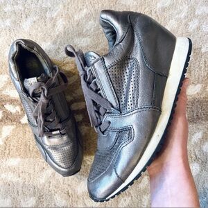 Ash Dean Mesh Paneled-leather Wedge Sneaker In Pewter Warm Metallic Silver Sz 41
